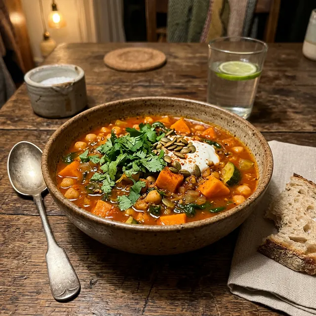 Vegan chickpea and vegetable stew with harissa