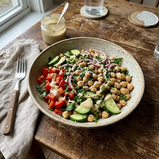 Vegan chickpea salad with tahini and lemon dressing