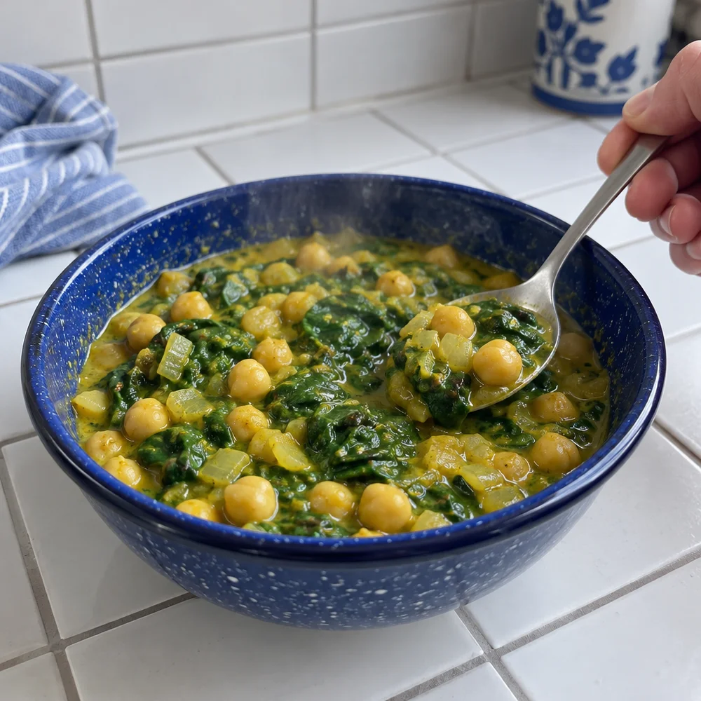 Vegan chickpea and spinach stew with turmeric