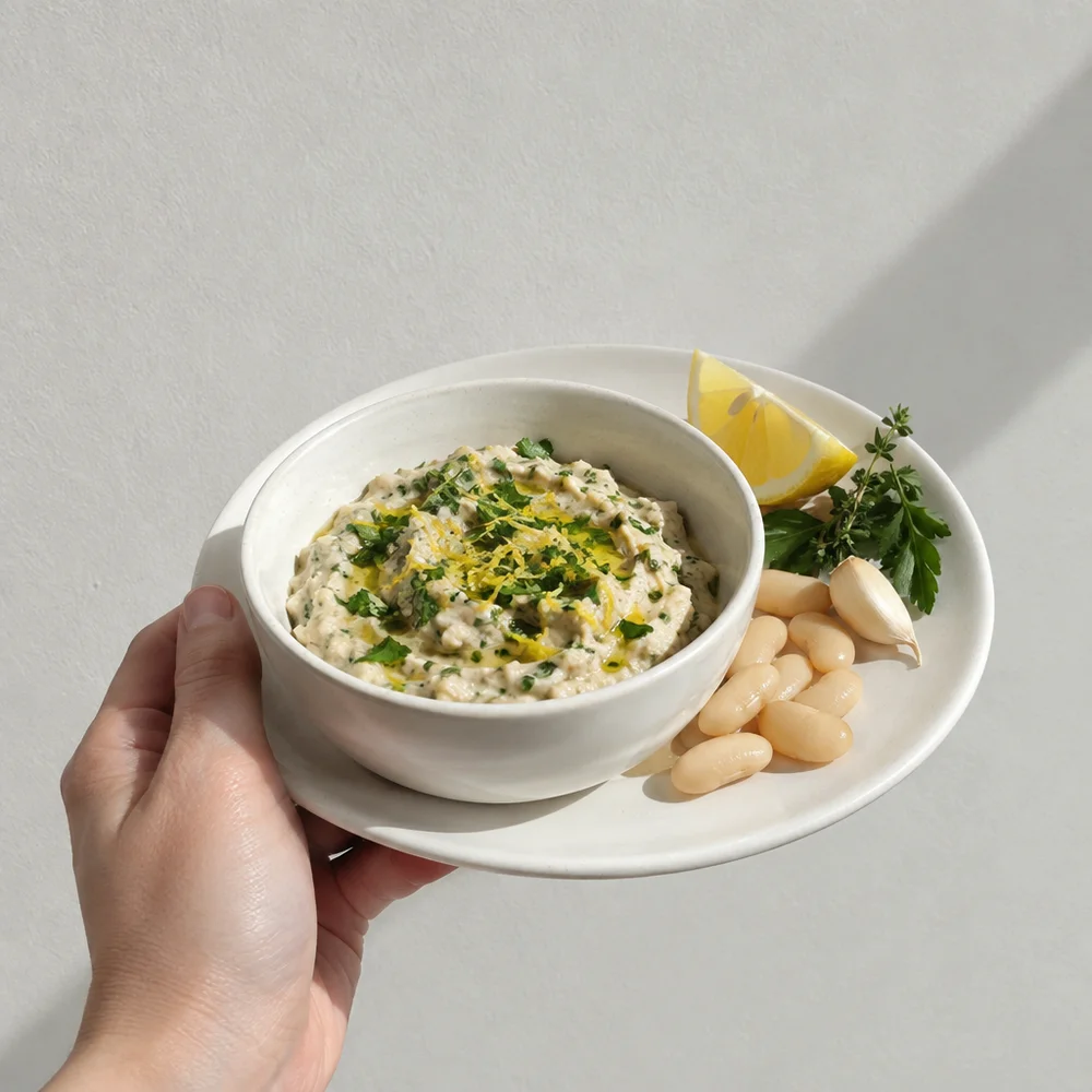 Vegan herb and bean dip with lemon for raclette