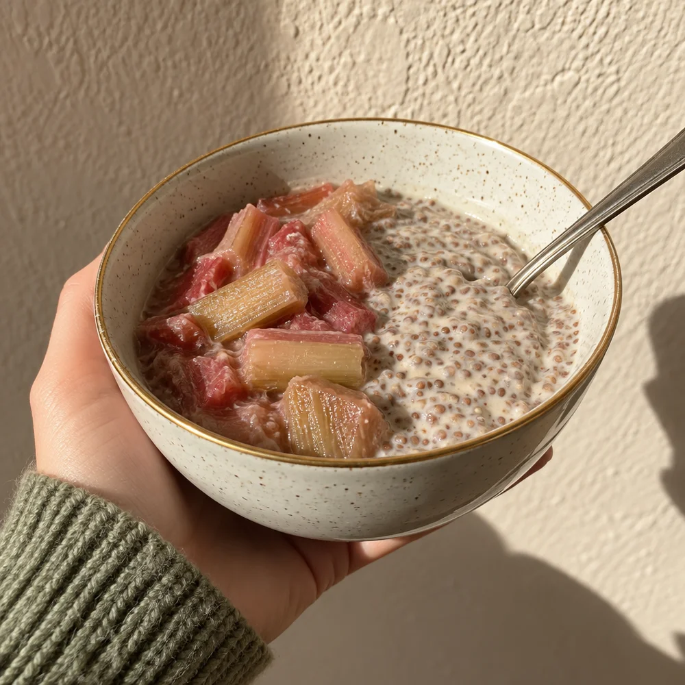 Vegan linseed pudding with rhubarb