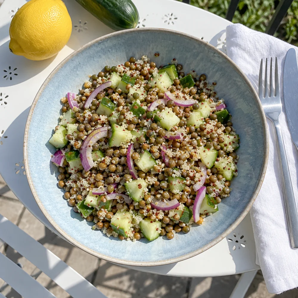 Vegan lentil quinoa salad with lemon dressing