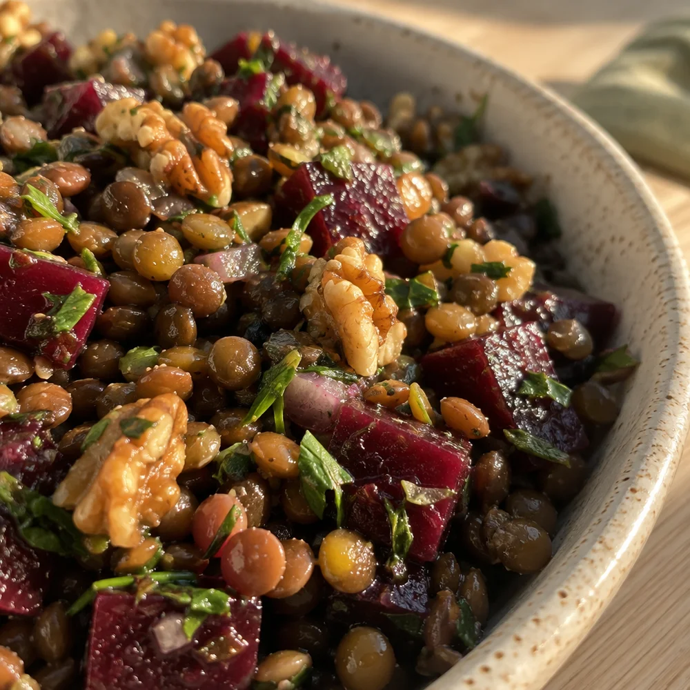 Vegan lentil salad with beetroot and walnuts