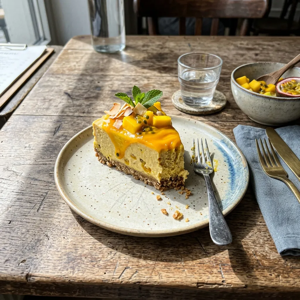 Vegan mango and passion fruit cheesecake