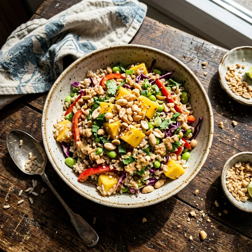 Vegan mango and brown rice salad with peanuts
