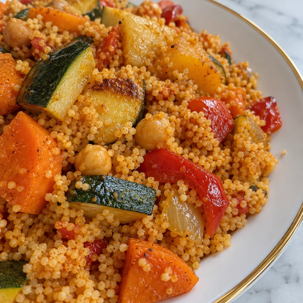 Vegan Moroccan vegetable couscous with harissa