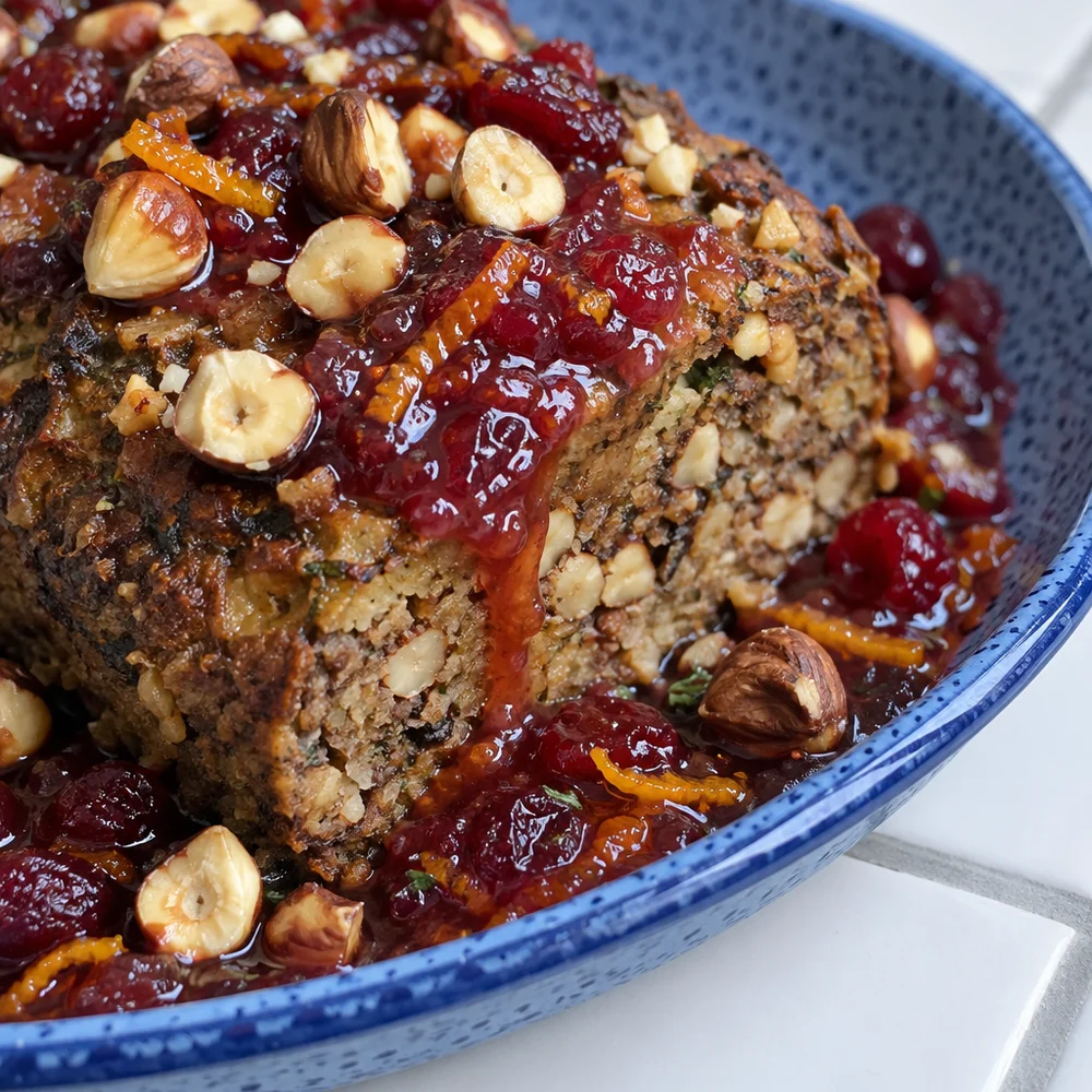 Vegan nut roast with hazelnuts and cranberry orange sauce