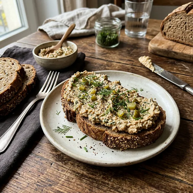 Vegan smoked tofu spread on spelt bread