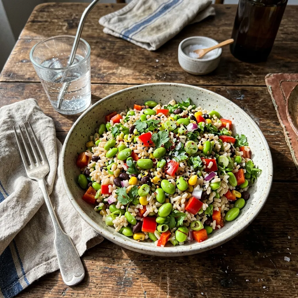 Vegan rice salad with edamame