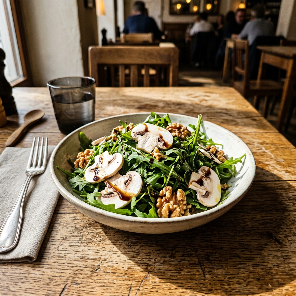 Vegan rocket and mushroom salad with walnuts