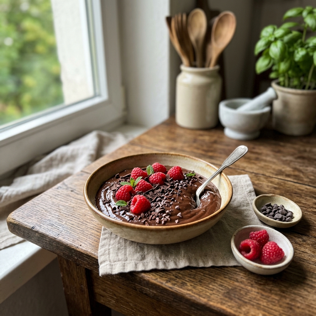 Vegan chocolate avocado pudding with raspberries