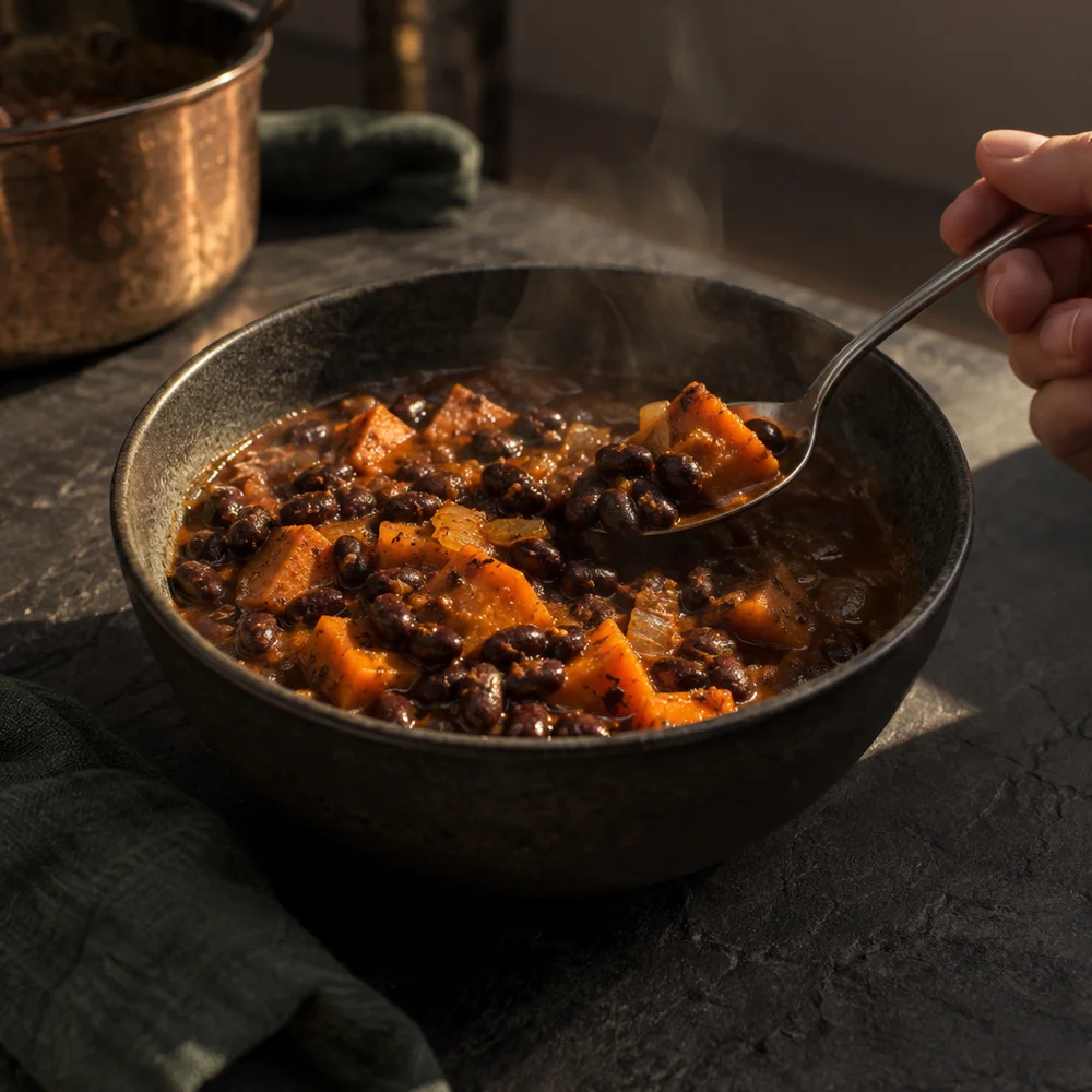Vegan black bean stew with sweet potato and cumin