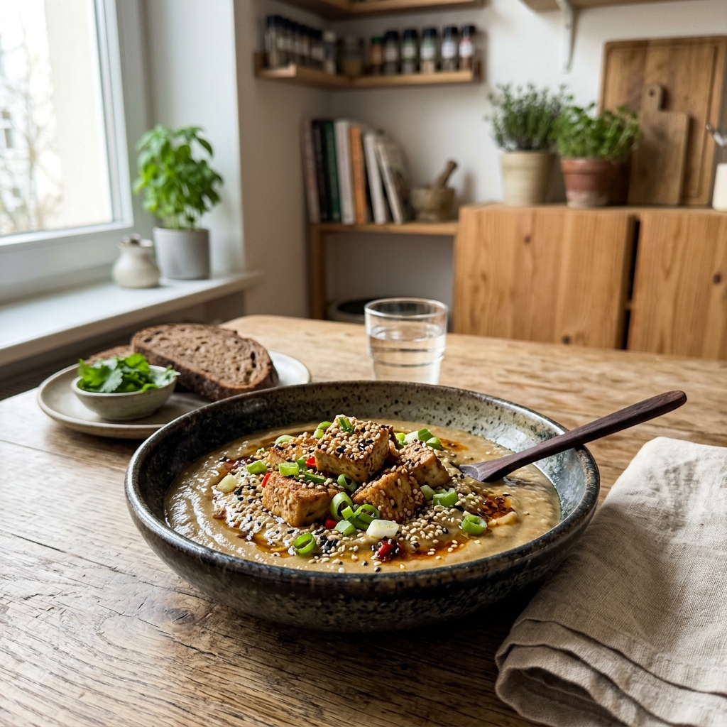 Vegan sesame tofu on miso aubergine purée