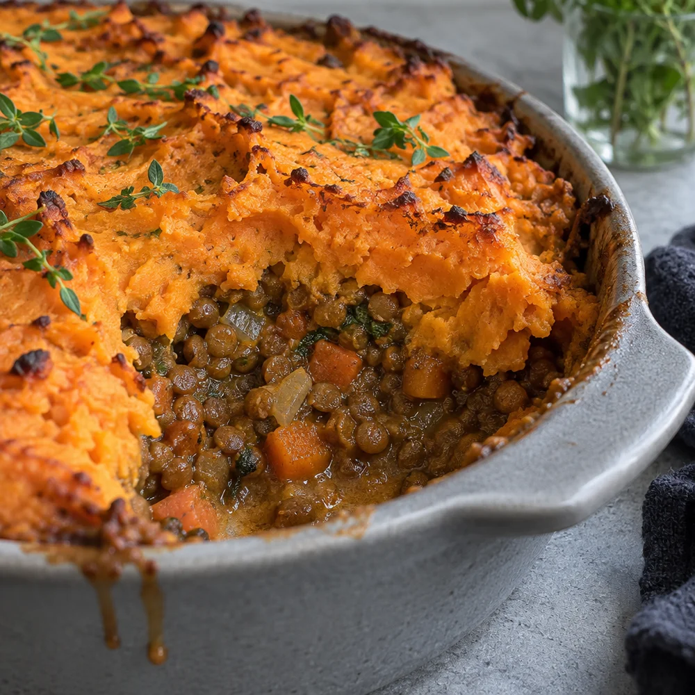 Vegan shepherd's pie with lentils and a sweet potato topping