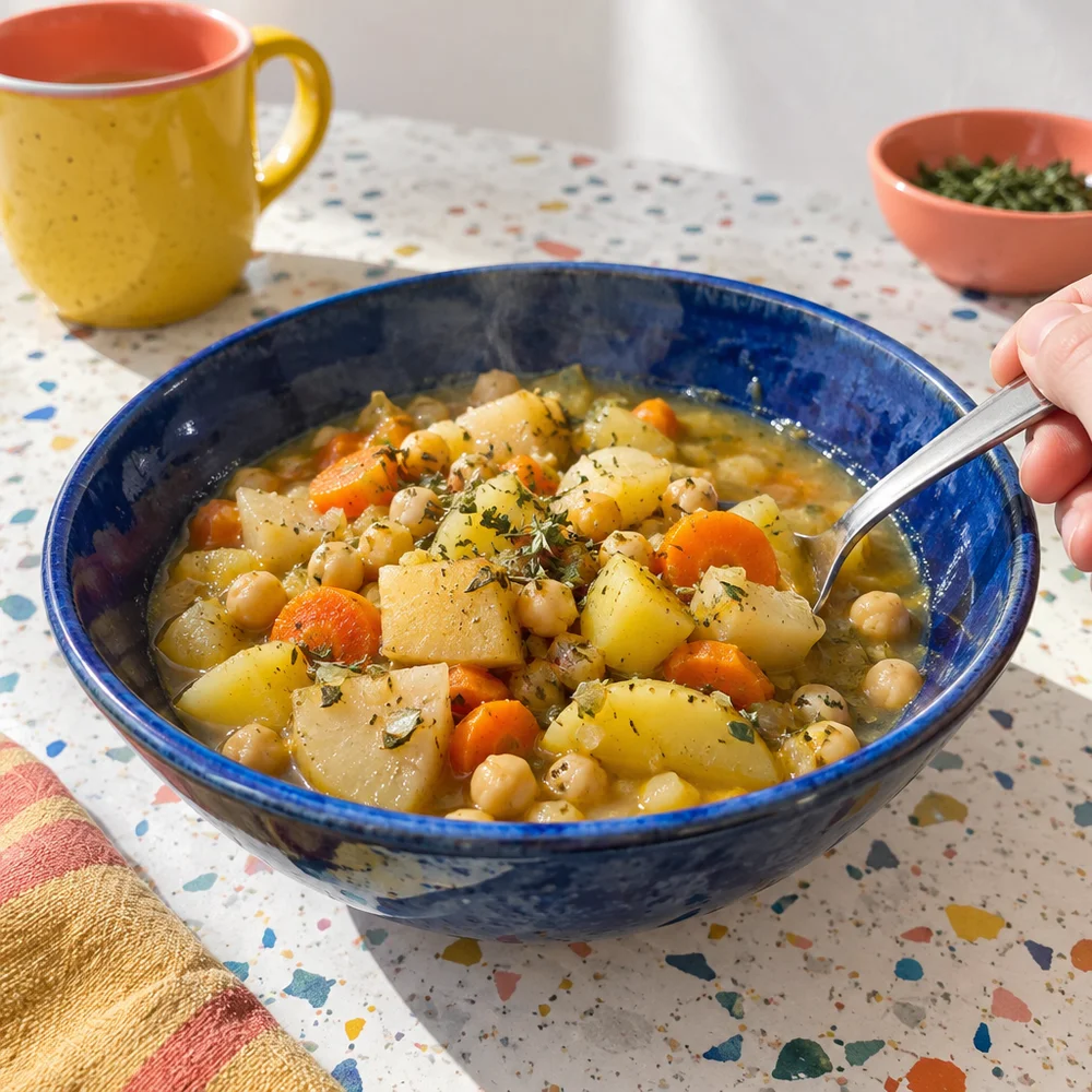 Vegan swede stew with chickpeas and marjoram
