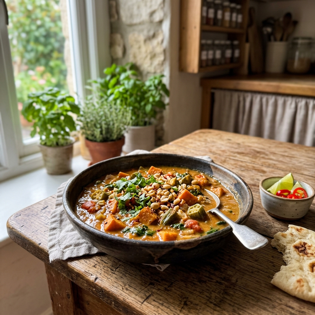 Vegan South African peanut and okra stew with cassava