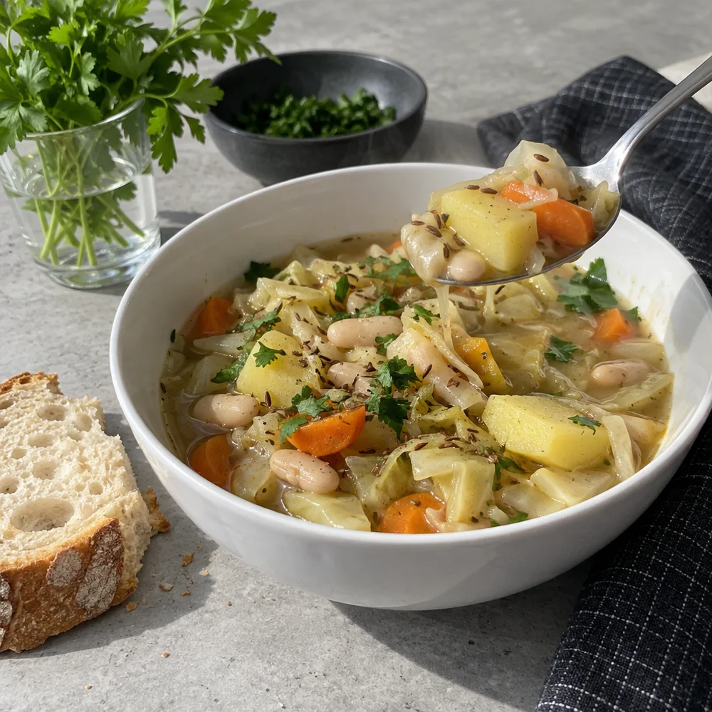 Vegan white cabbage and bean stew with caraway and potatoes