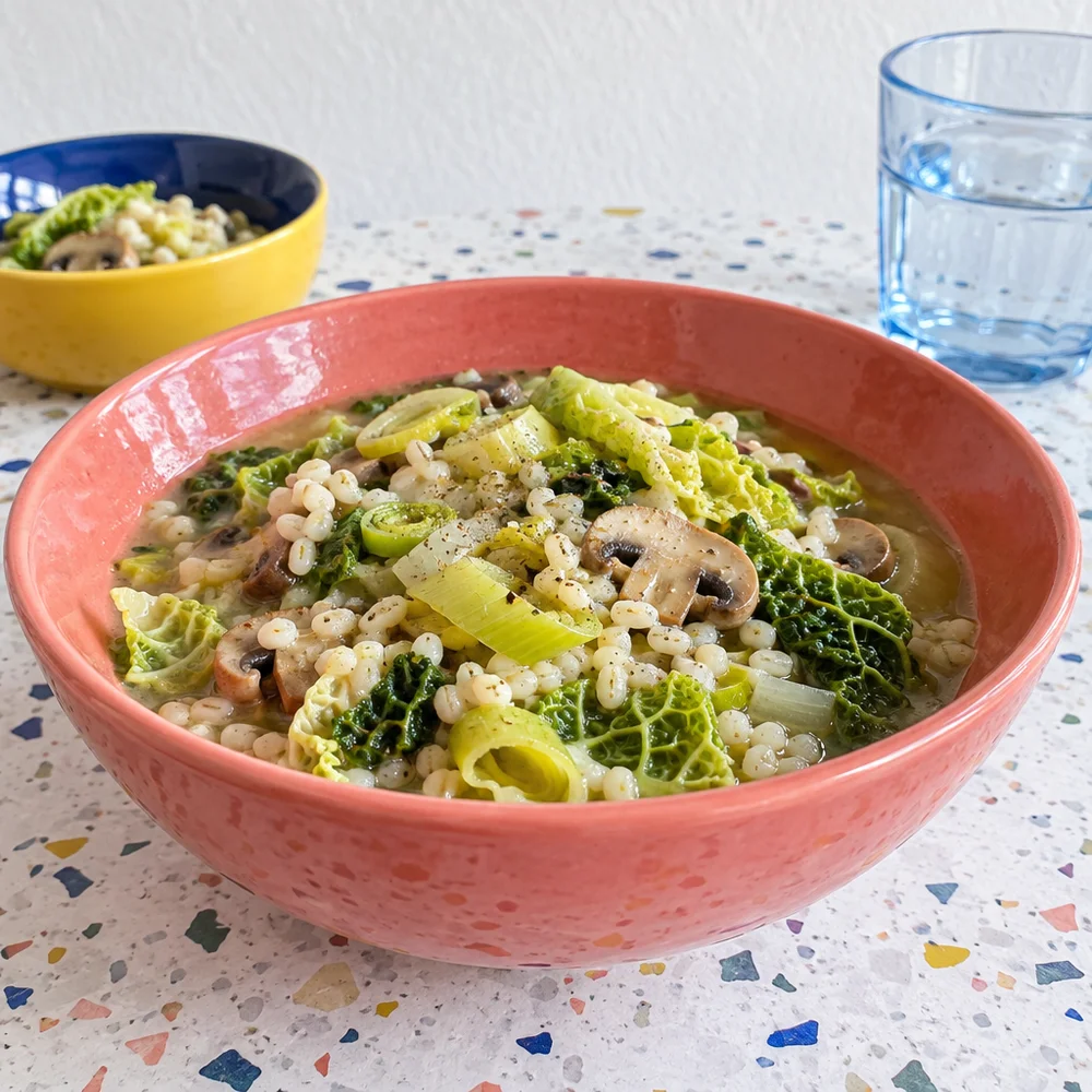 Vegan savoy cabbage and pearl barley stew with mushrooms