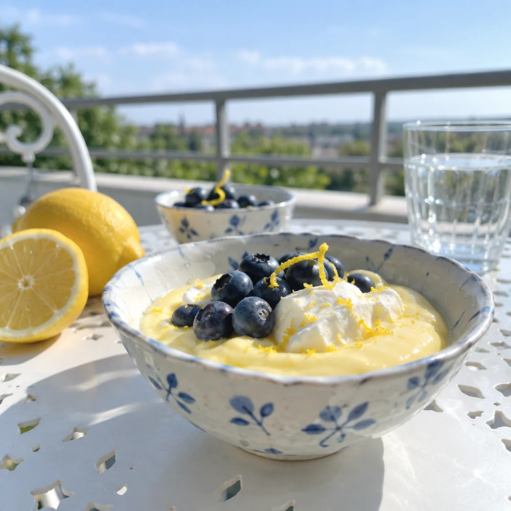 Vegan lemon pudding with silken tofu and blueberries