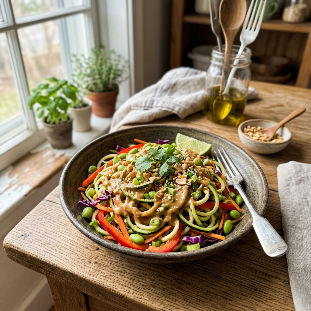 Vegan courgette noodle salad with peanut dressing
