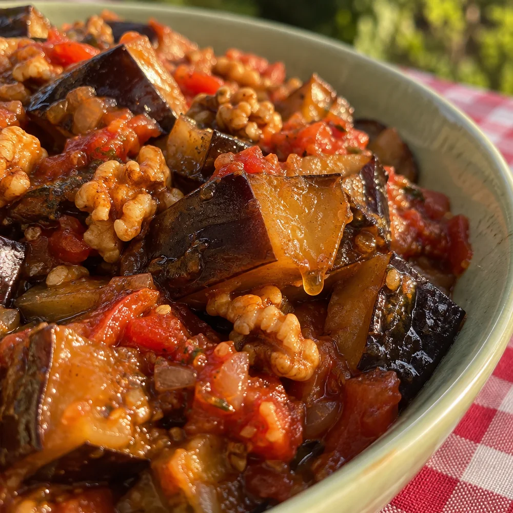 Vegan aubergine and walnut ragout