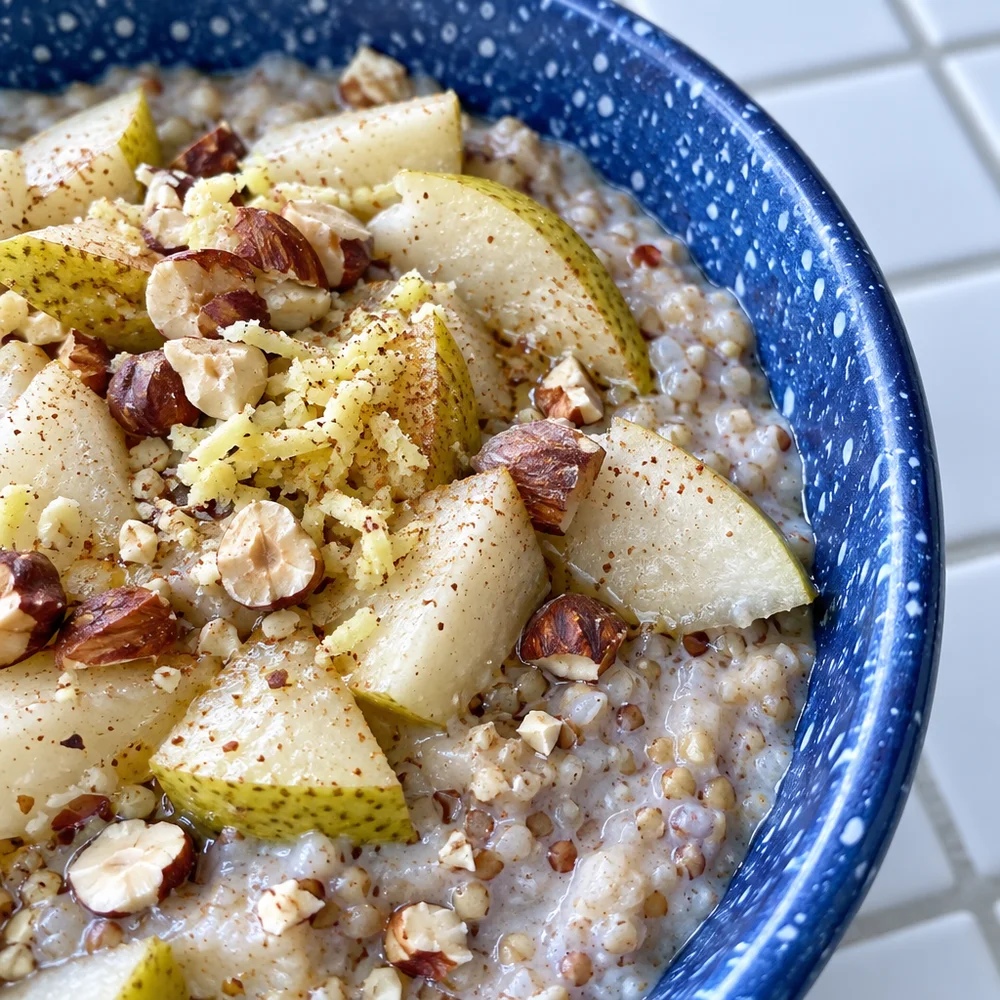 Vegan pear and buckwheat porridge with ginger and hazelnuts