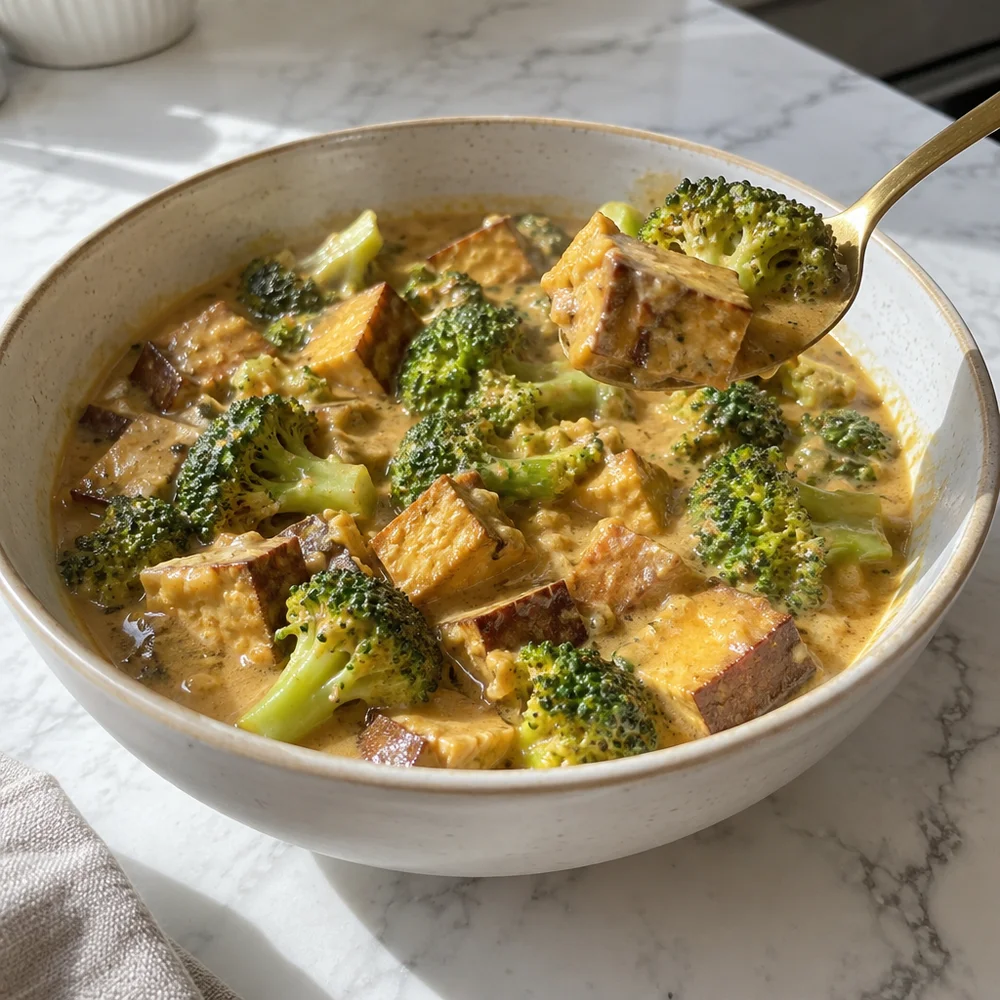 Vegan peanut and tofu curry with broccoli