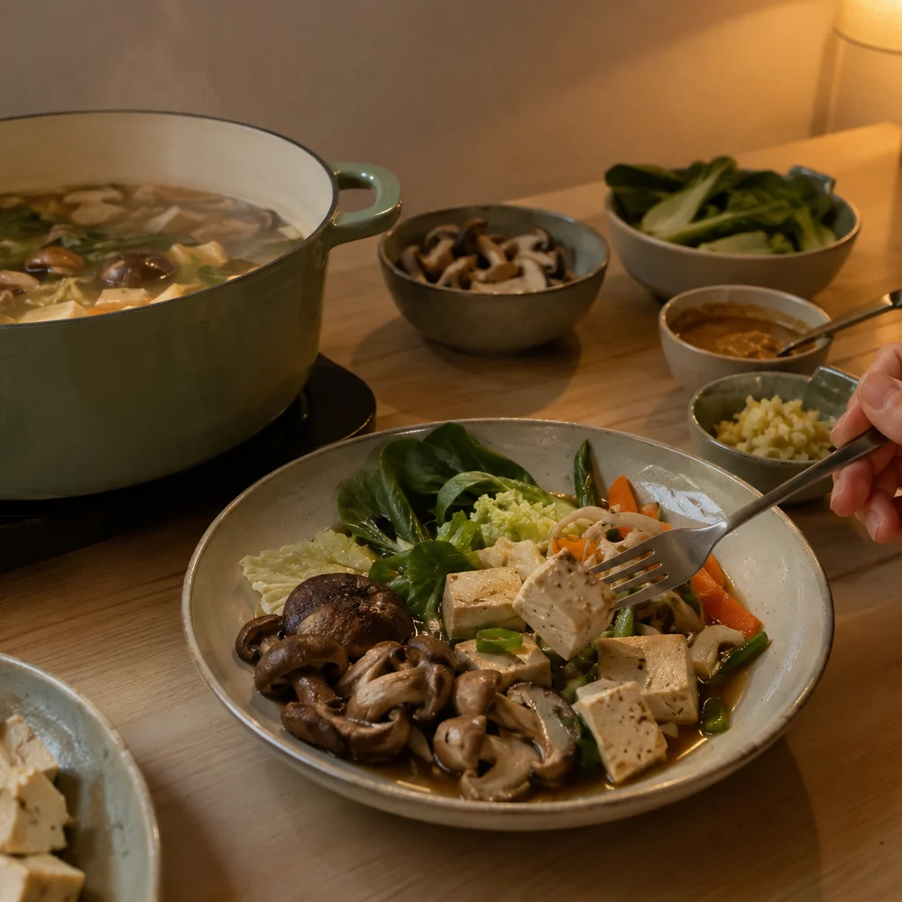 Vegan fondue chinoise with tofu, mushrooms and miso