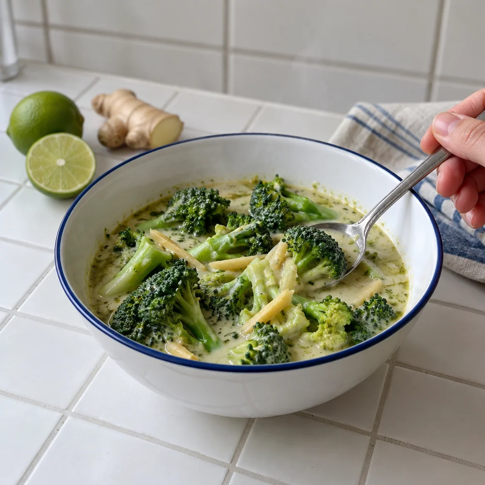 Vegan green Thai curry with broccoli