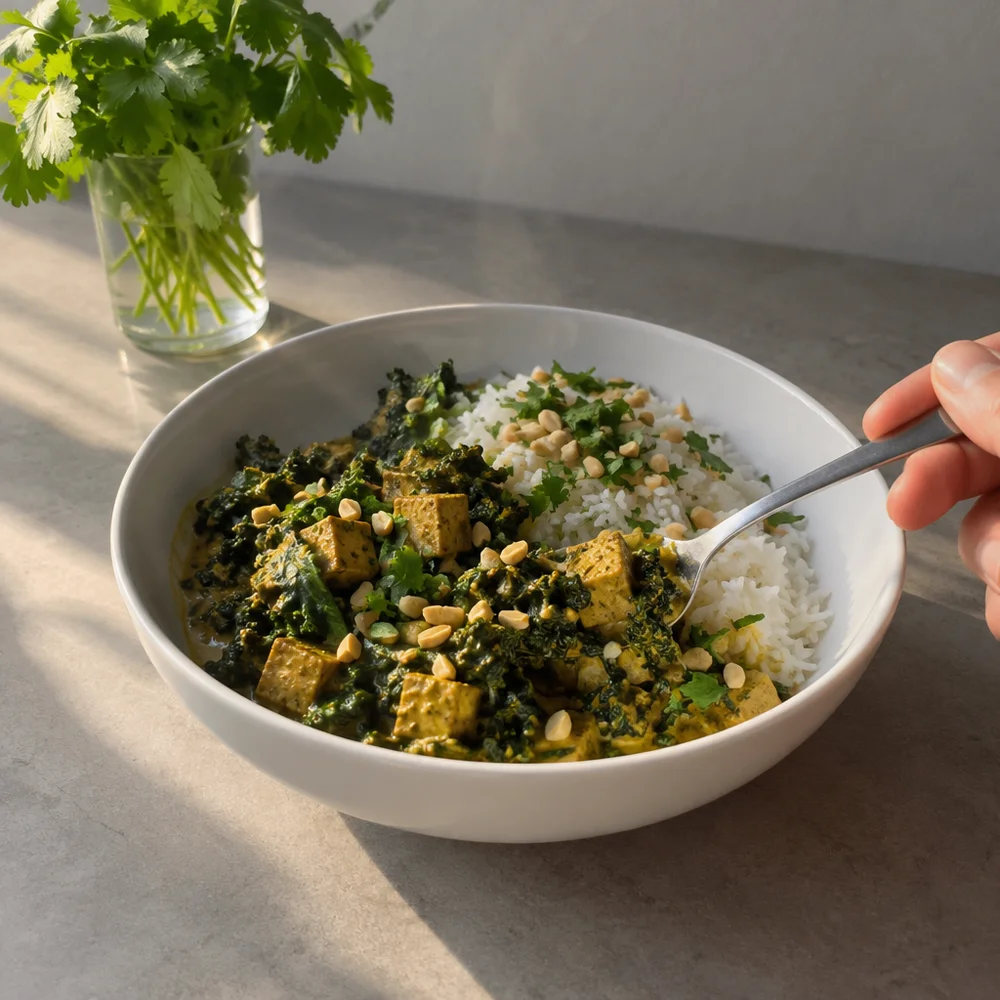 Vegan kale curry with tofu and peanuts