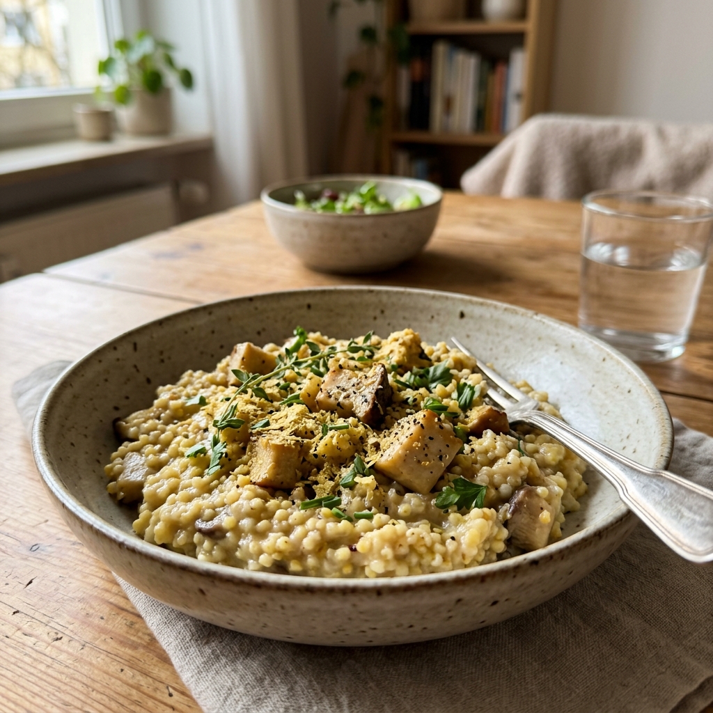 Vegan millet risotto with king oyster mushrooms