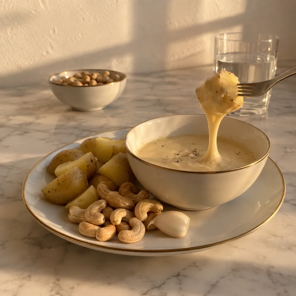 Vegan cheese fondue with cashews and potatoes