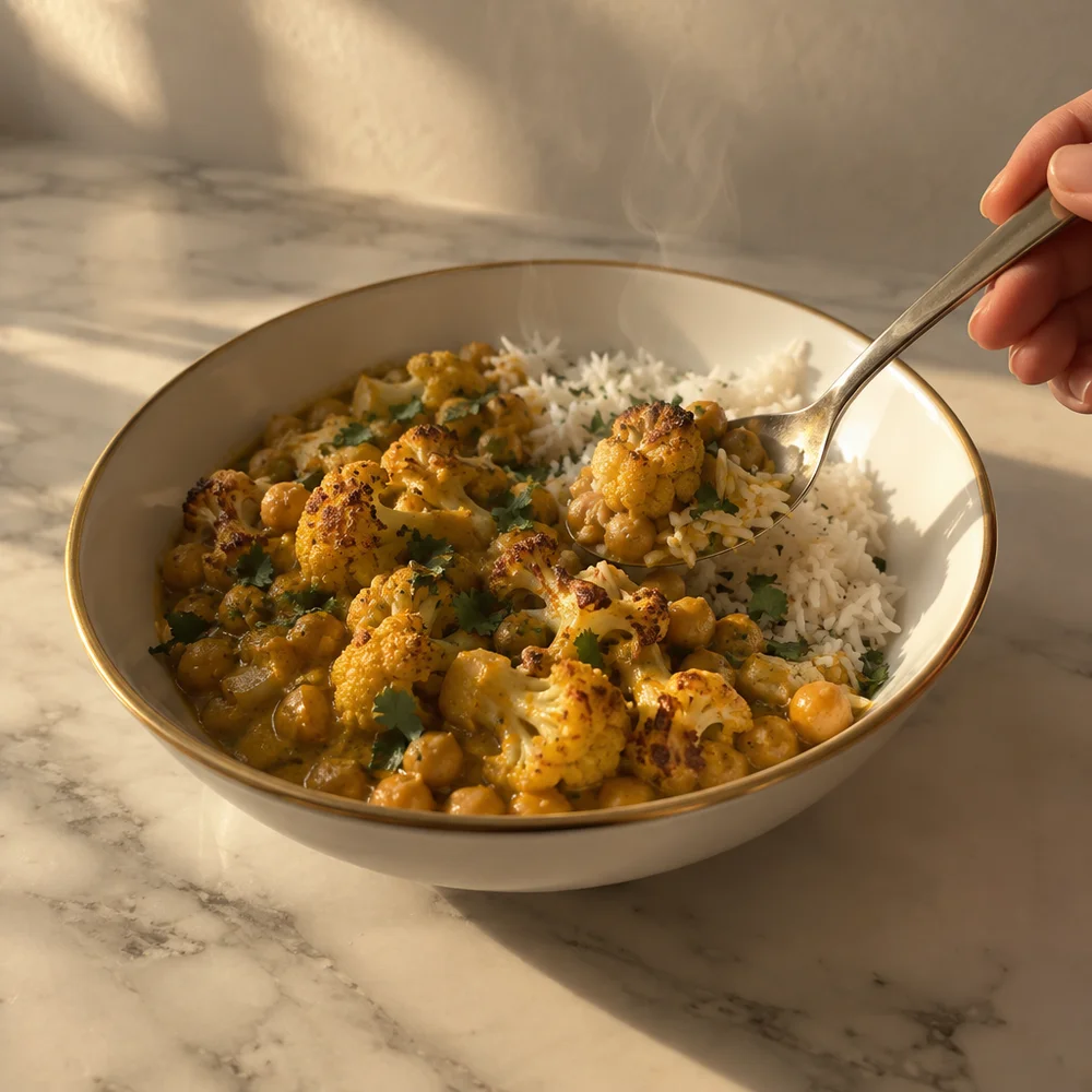 Vegan chickpea curry with air fryer cauliflower