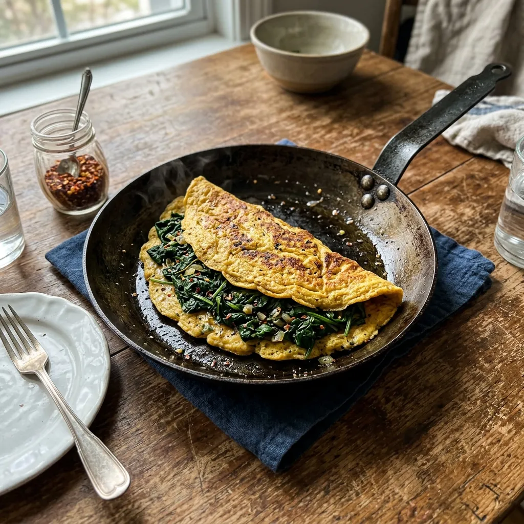 Vegan chickpea omelette with fresh spinach
