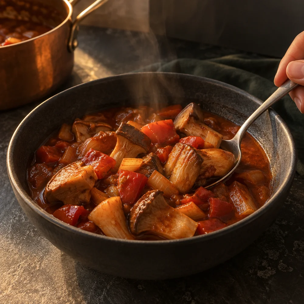 Vegan king oyster mushroom goulash