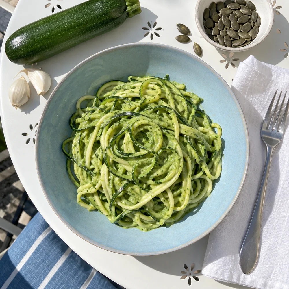 Vegan pumpkin seed pesto with courgette linguine