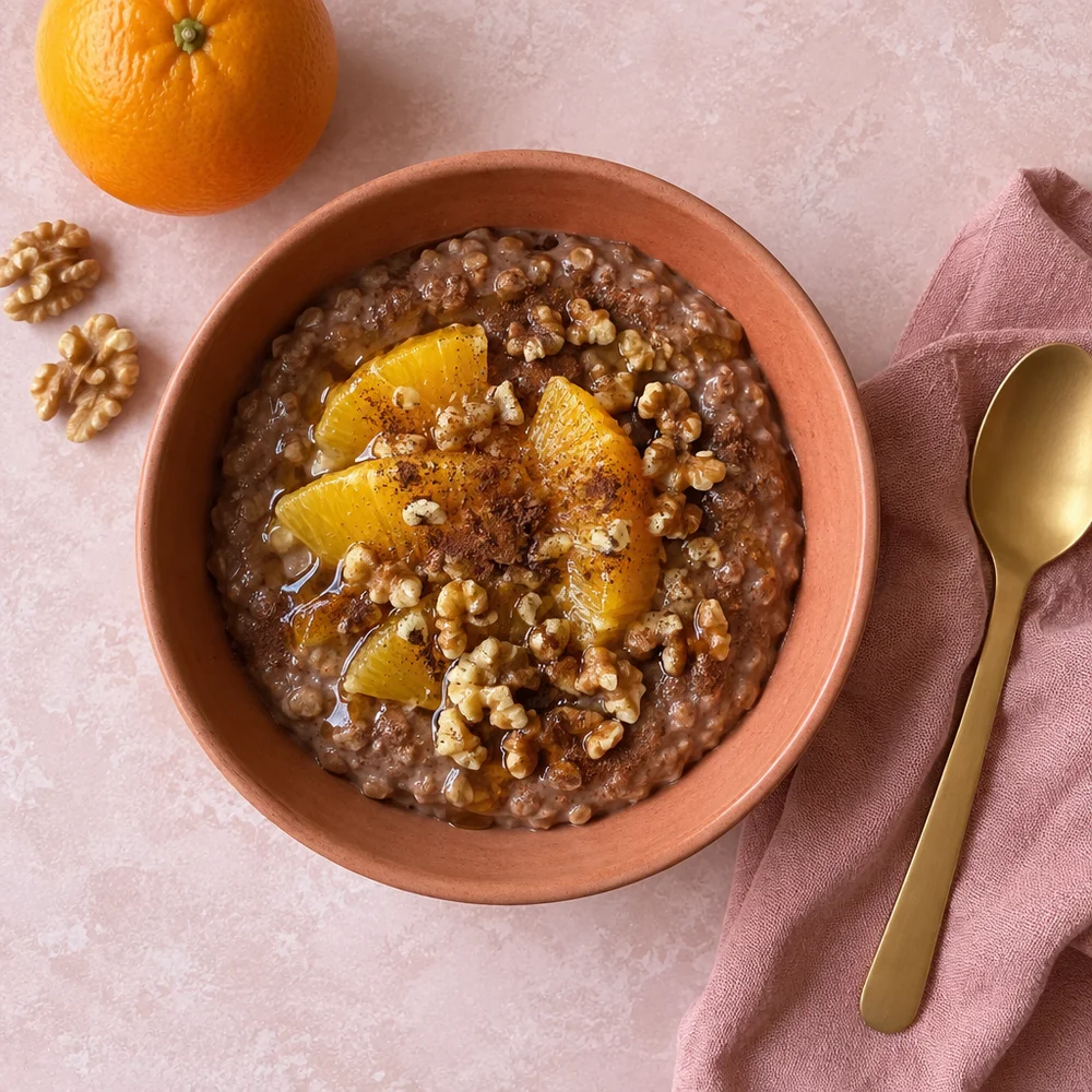 Vegan gingerbread porridge with orange and walnuts