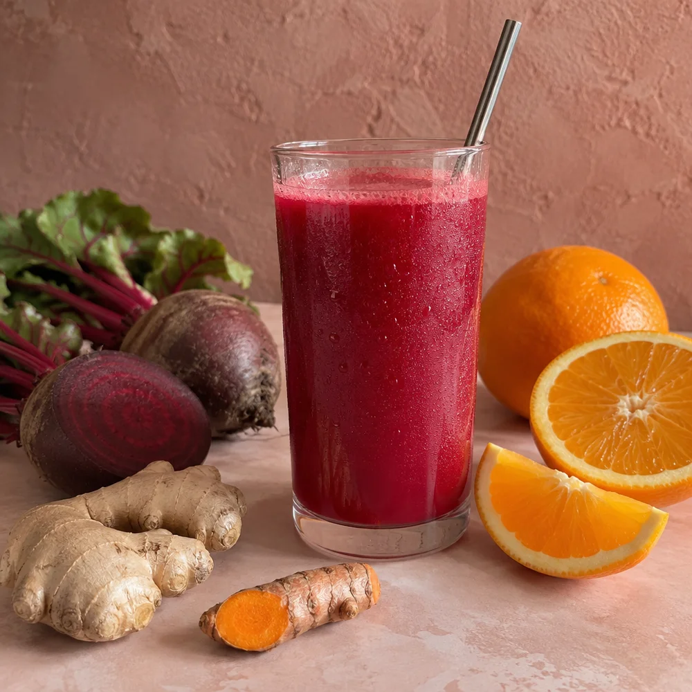 Vegan beetroot and orange juice with turmeric