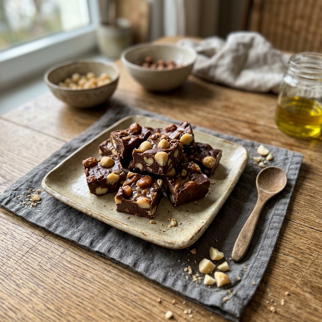 Vegan macadamia caramel fudge