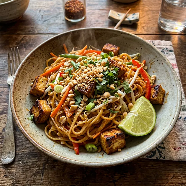 Vegan pad thai with peanut sauce and tofu