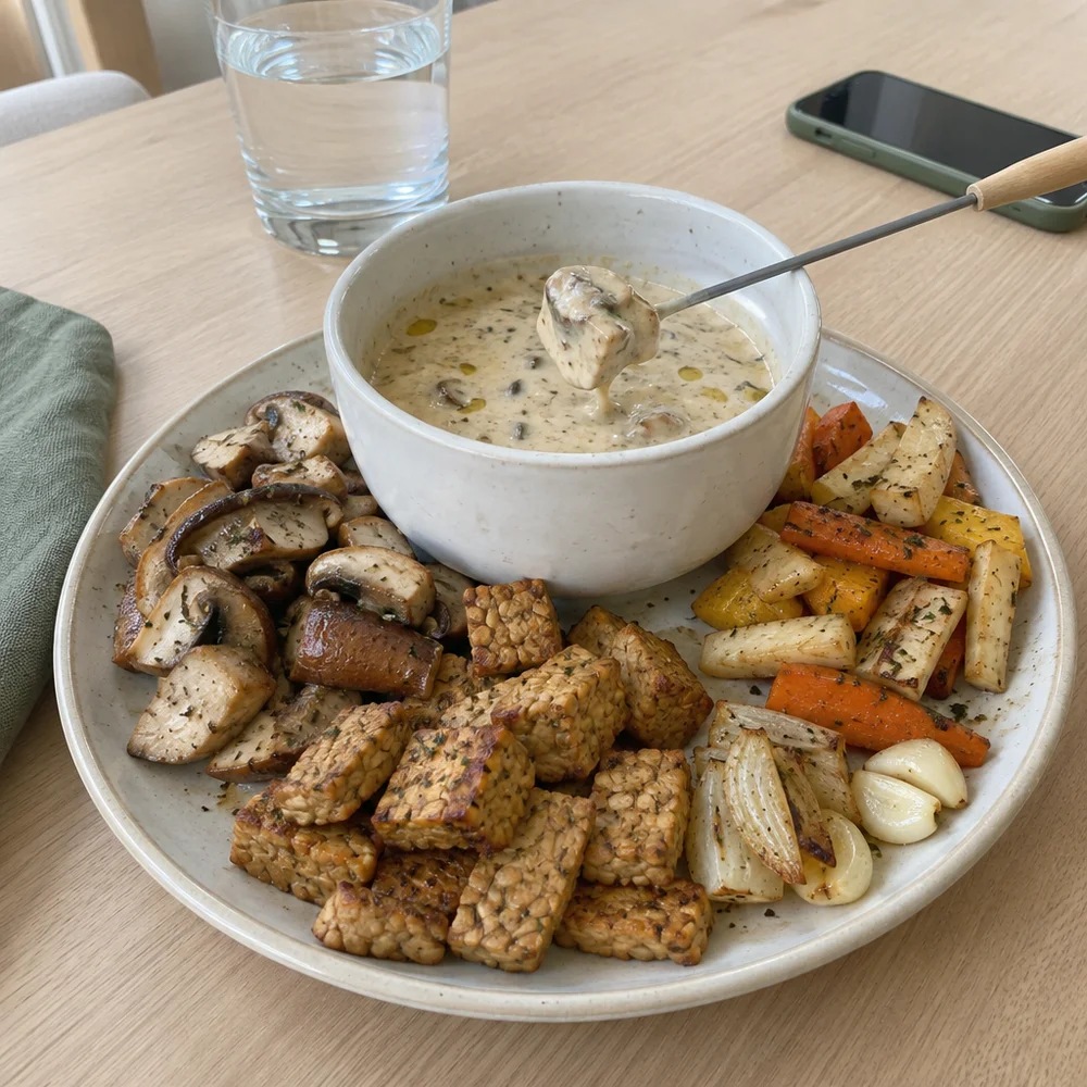 Vegan mushroom fondue with porcini, tempeh and root veg