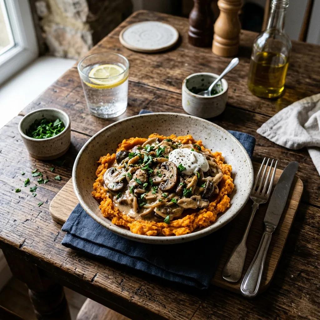 Vegan mushroom stroganoff with sweet potato mash