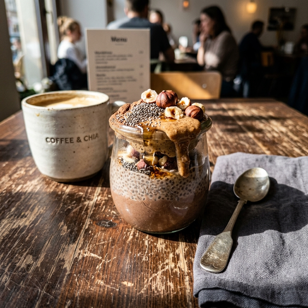Vegan chocolate chia dessert with hazelnuts