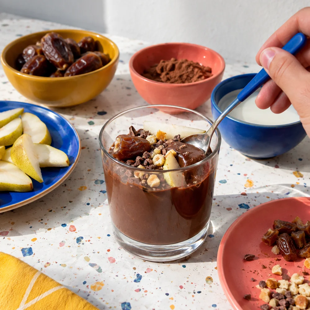 Vegan chocolate fondue with dates, cocoa and pears