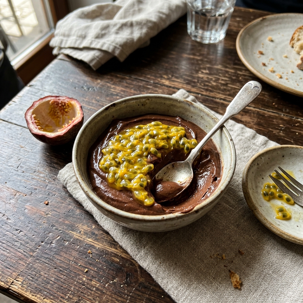 Vegan silken tofu chocolate mousse with passion fruit