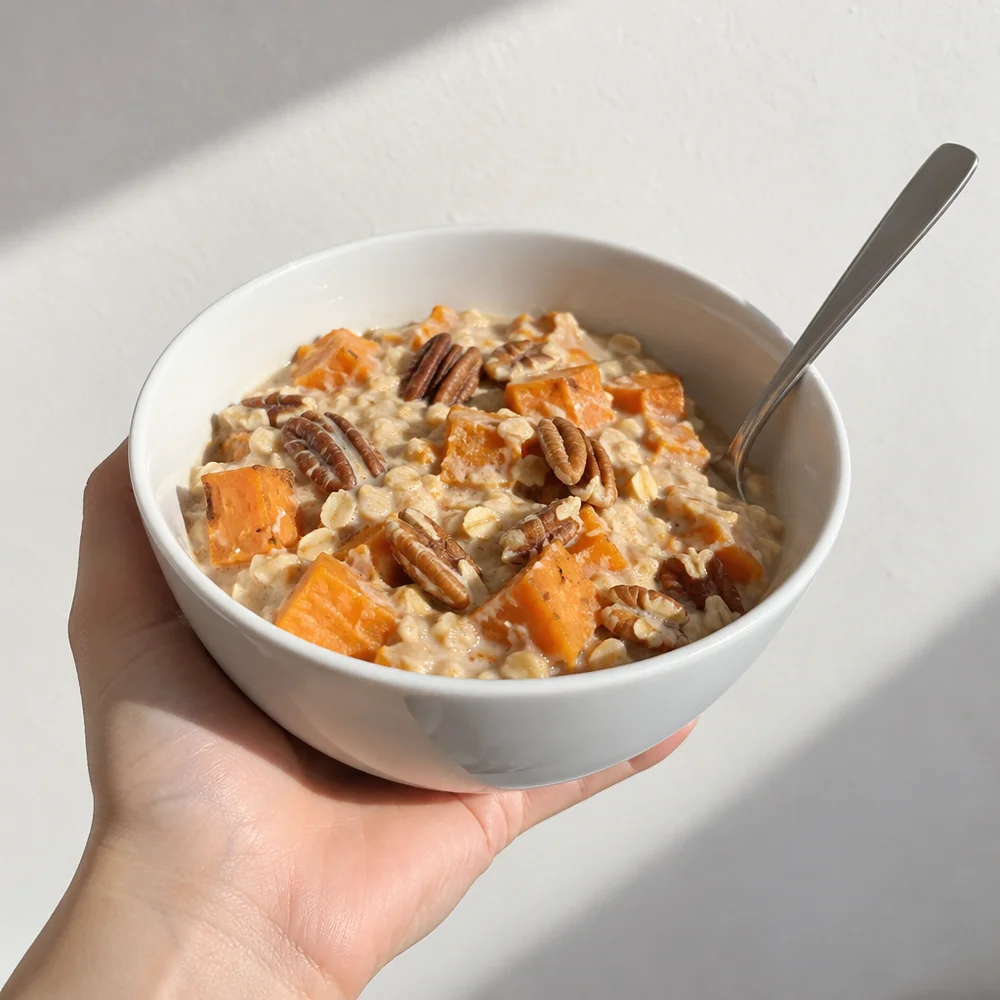 Vegan sweet potato porridge with pecans