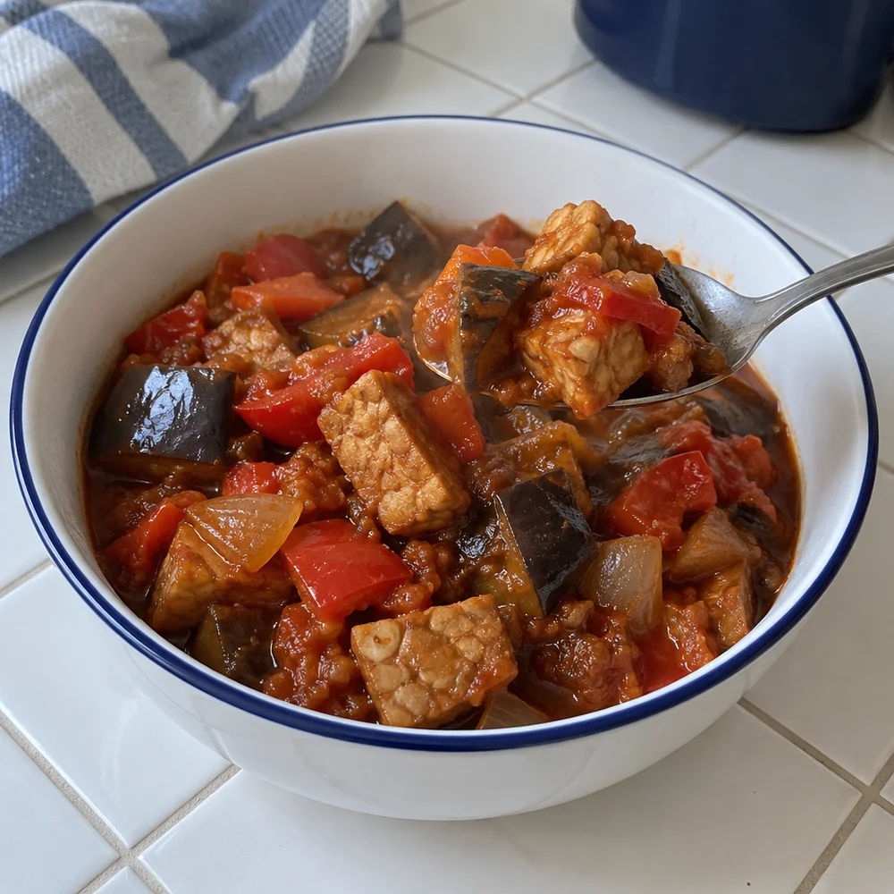 Vegan tempeh and aubergine goulash