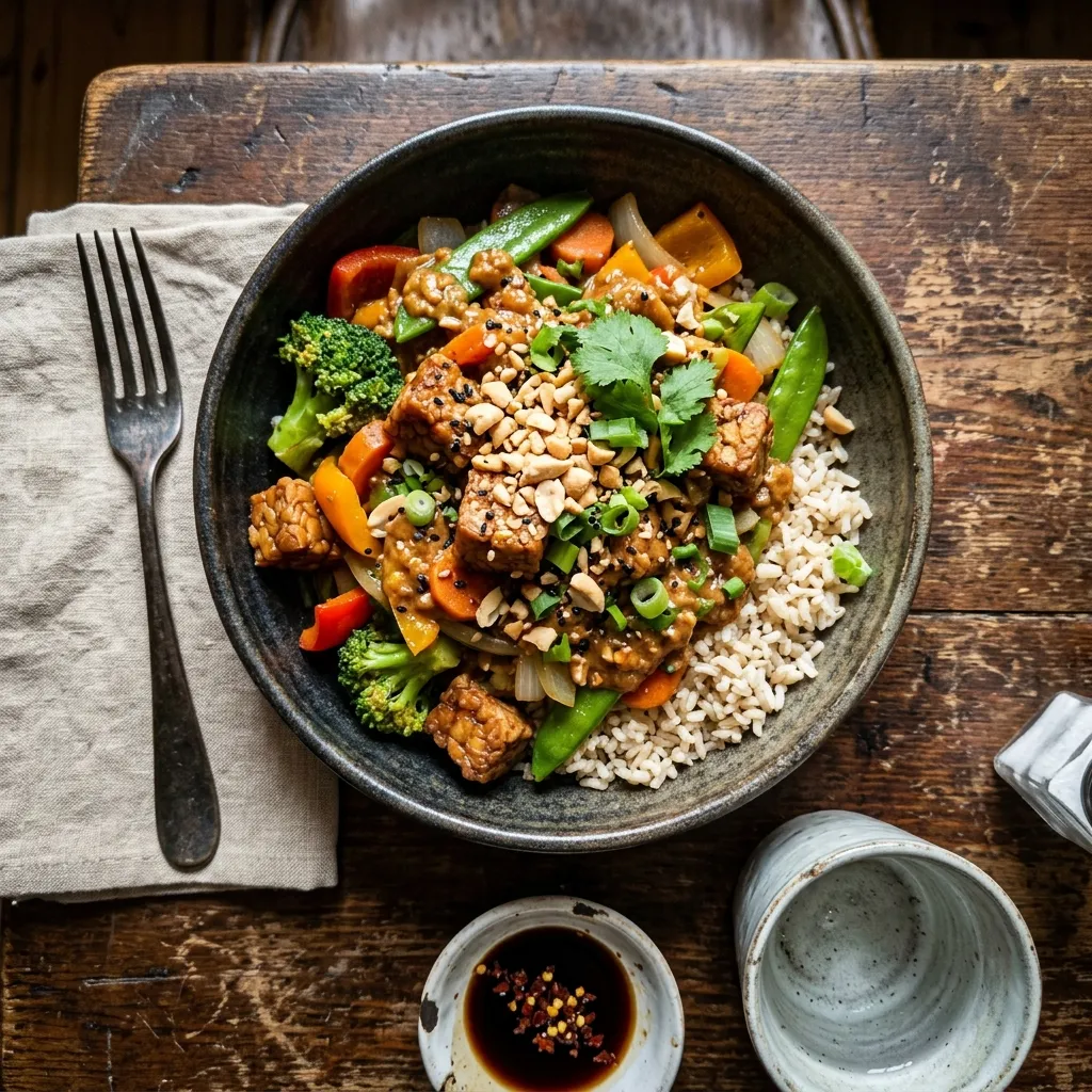 Vegan tempeh peanut stir-fry