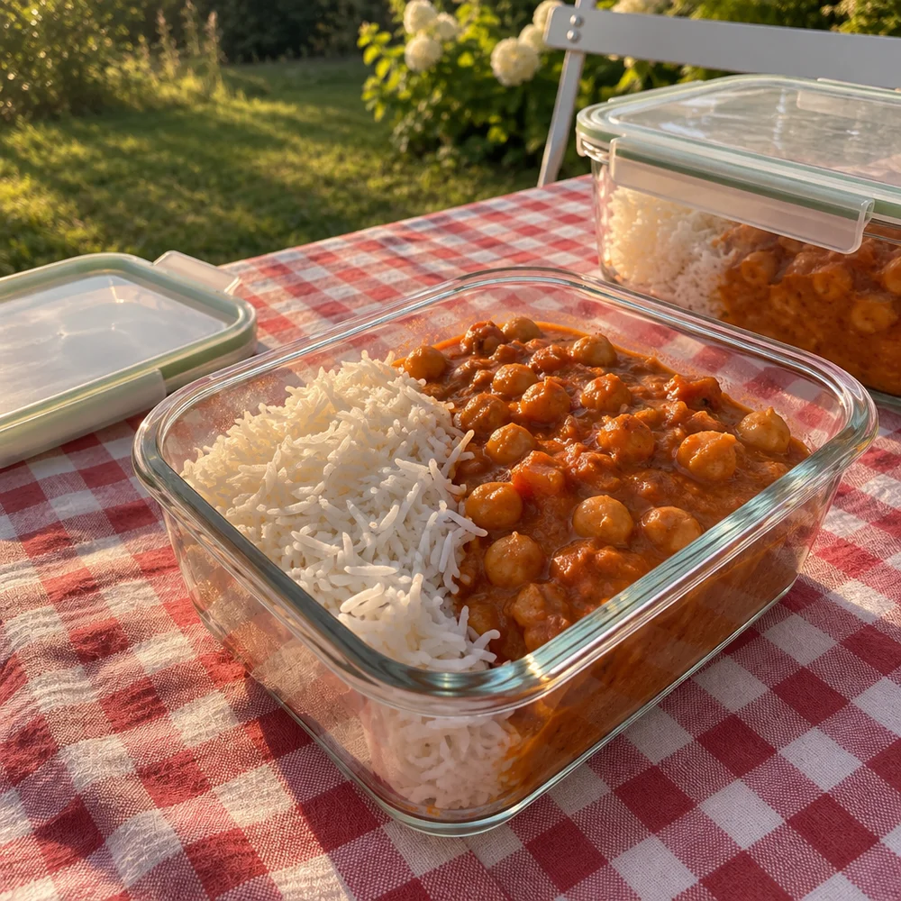 Vegan tikka masala with chickpeas and basmati rice
