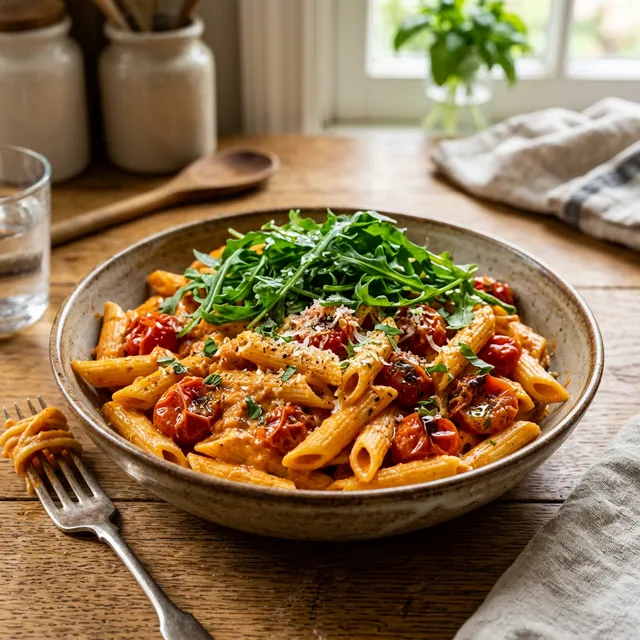 Vegetarian creamy tomato and mascarpone pasta with rocket